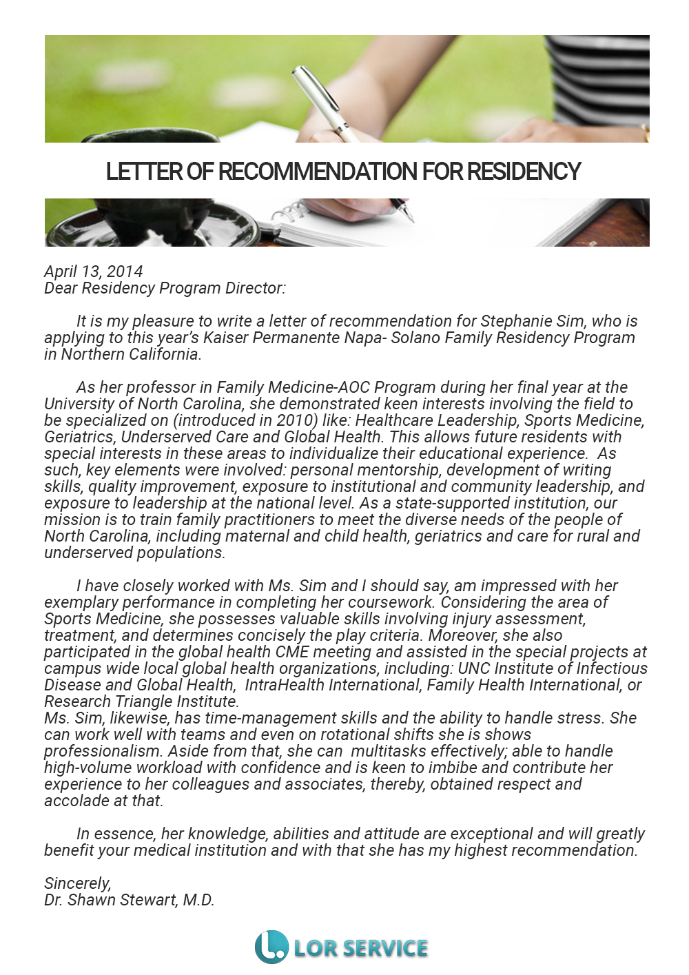 Sample Letter of Recommendation for Residency