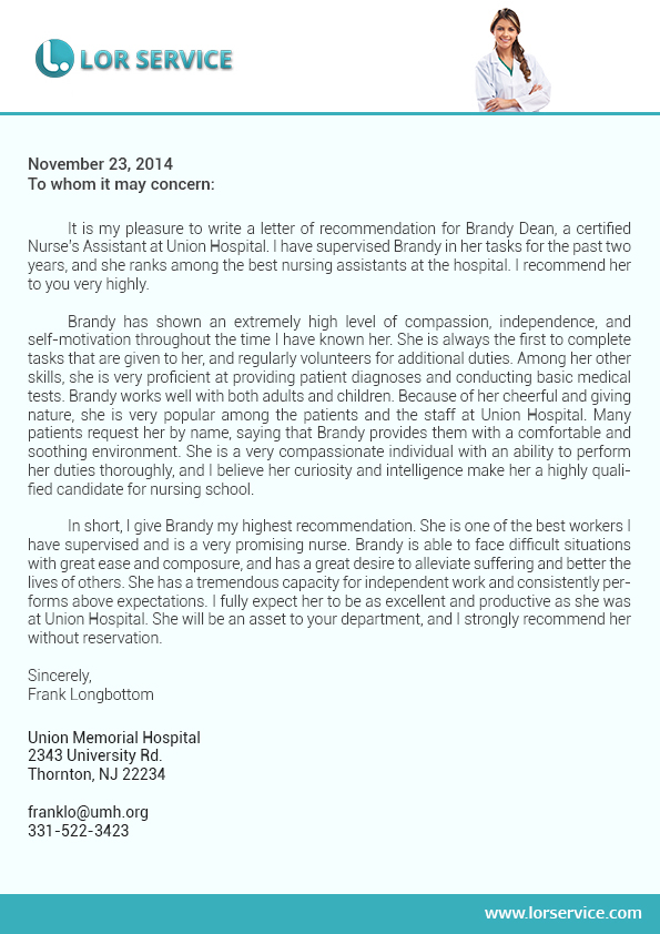 Letter of Recommendation for Nursing School Writing Service
