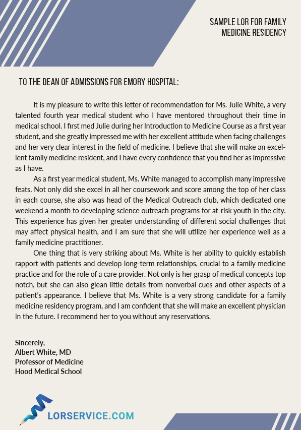 Sample Letter Of Recommendation For Medical Residency